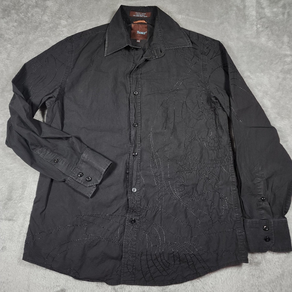 Roar Shirt‎ Mens Large Black Embroidered Button Down Long Sleeve Poplin Cotton